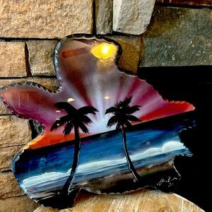 Double Palm Sunset. Handmade Resin Art       Size  17.5 X 19.5 Brand New